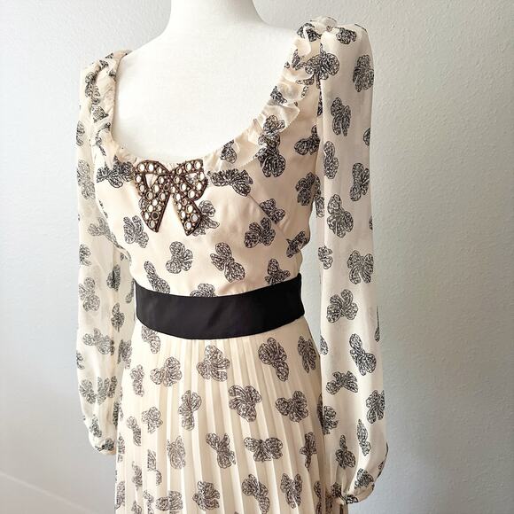 NWOT Saloni Denise Bow Print Silk Midi Dress Cream & Black Women's Size 2 - Picture 3 of 15